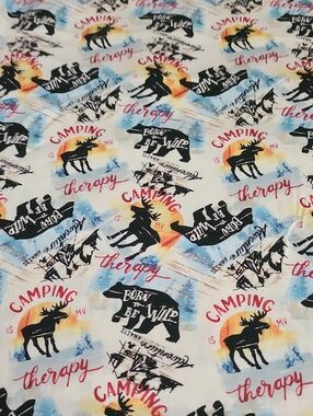 Camping Therapy Printed Bedding Fabric - White with Multi-Color Nature Motifs